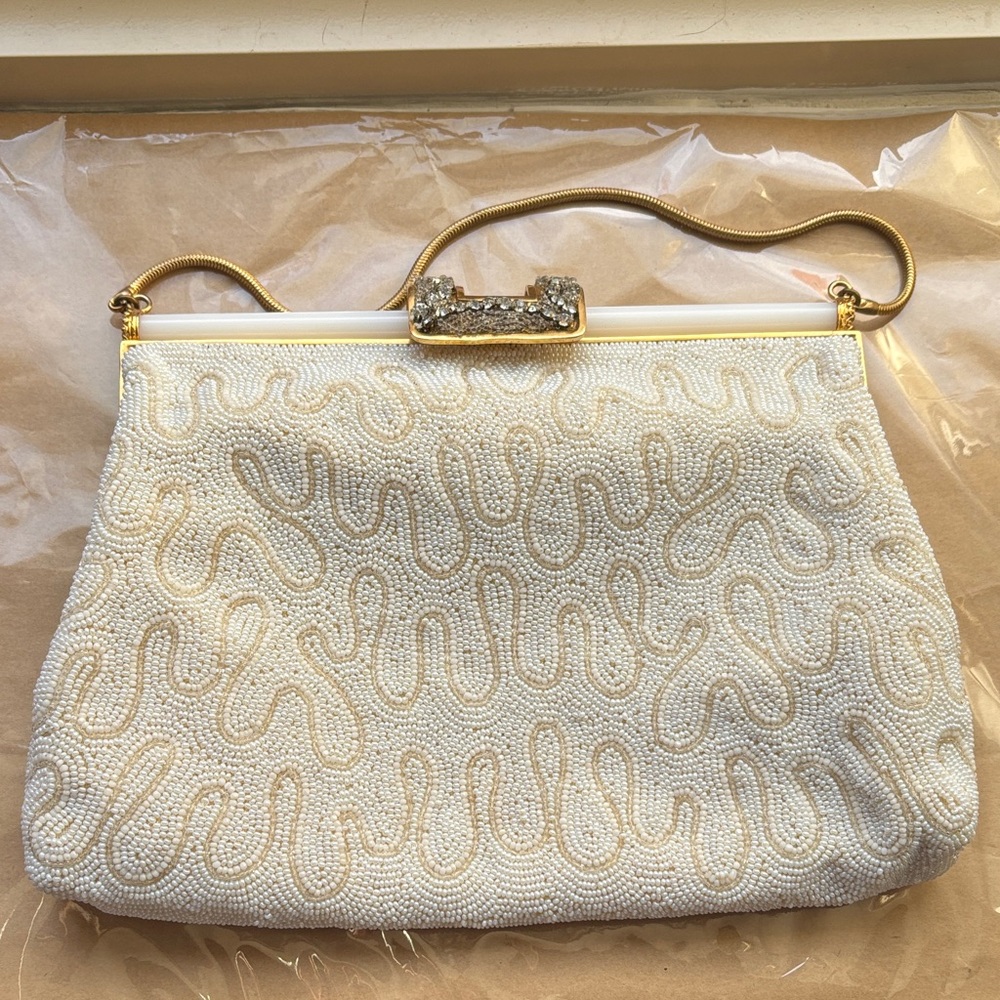 🟥Brand New Walborg Beaded Cream Evening Bag W/ Gold Accents, Handcrafted